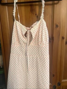 No Boundaries White Mini Dress with Pink Polka Dots and Lace Trim